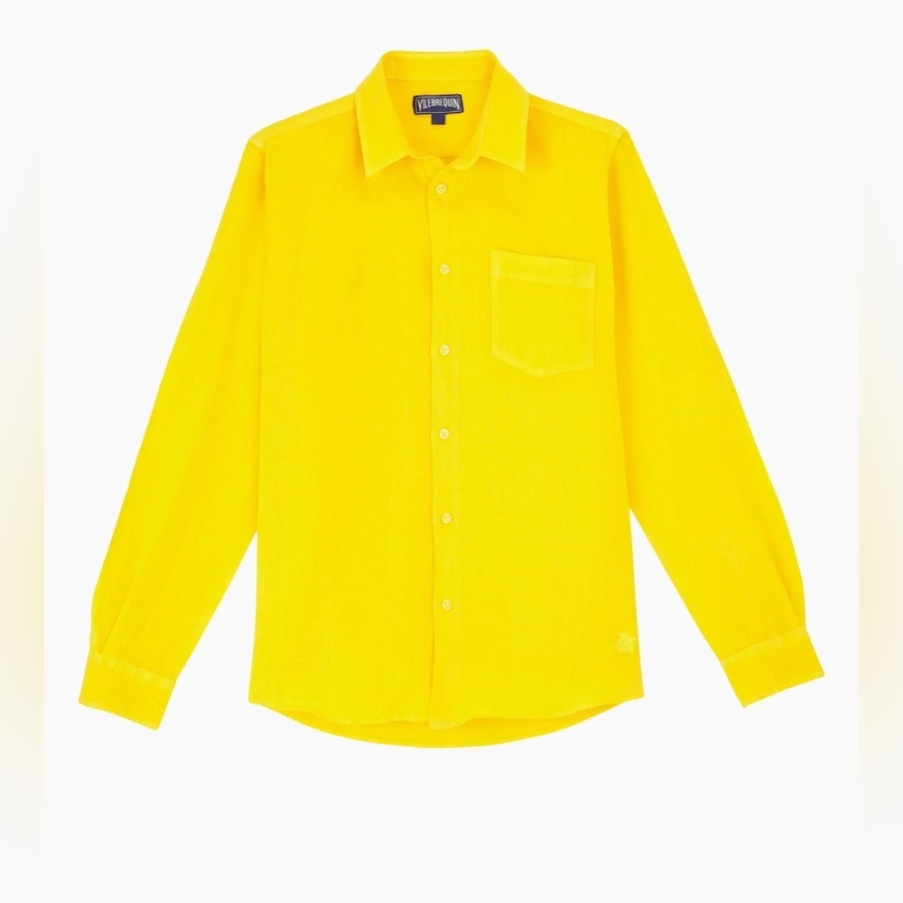 Vilebrequin Men's Yellow 100% Linen Button-Up Shirt Size 2XL Long Sleeve Casual